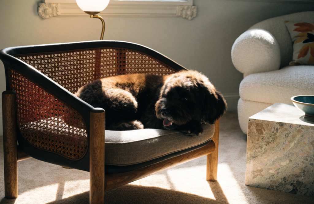 Dog lying on a cane-backed statement dog bed