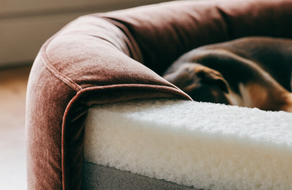 Velvet dog bed cut open to show a dense foam core