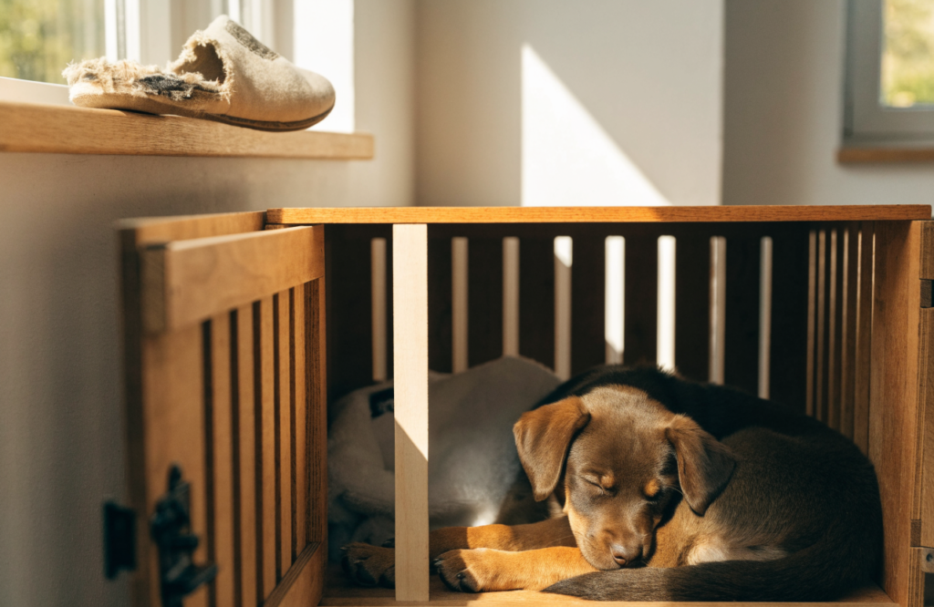 Puppy resting in a correctly sized crate with a divider