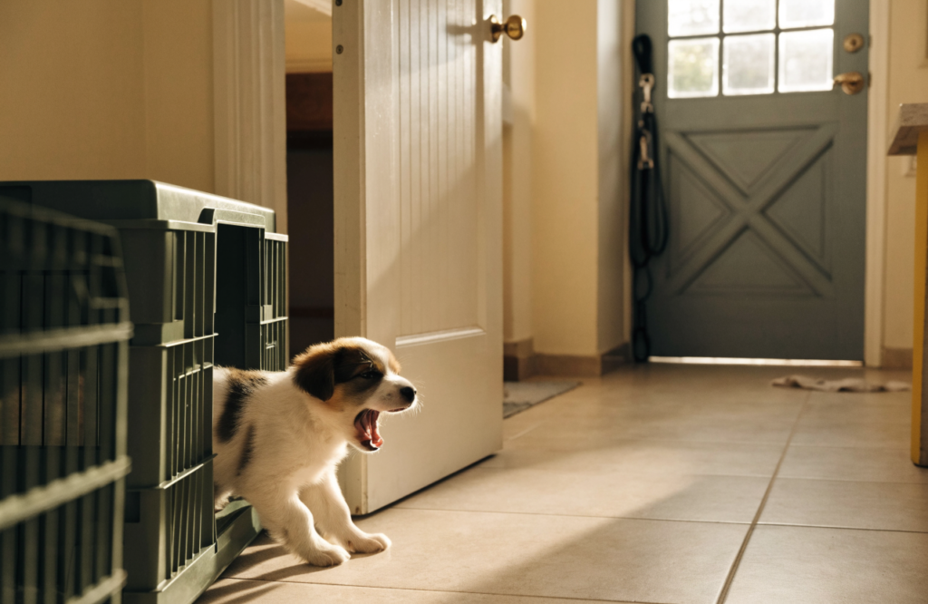 Puppy waking up and leaving its crate for a potty trip