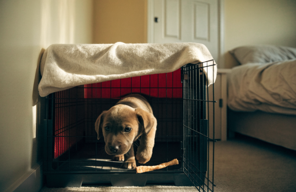 Puppy walking into a blanket-covered crate after a treat