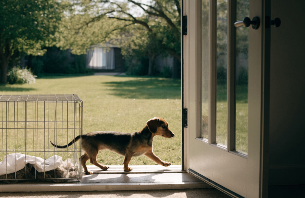 Dachshund puppy heading from its crate to the yard for a potty break