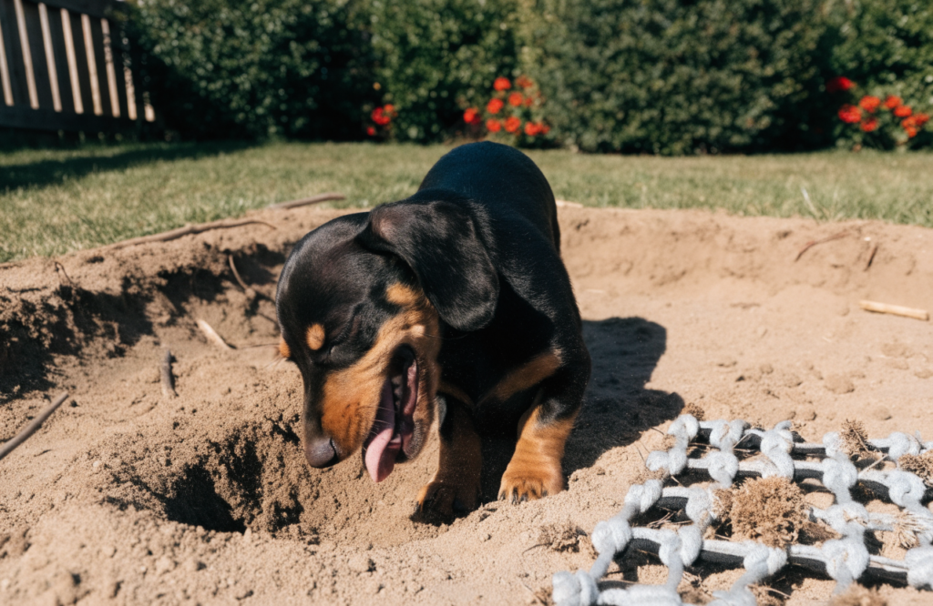 Dachshund puppy digging in a backyard dig pit