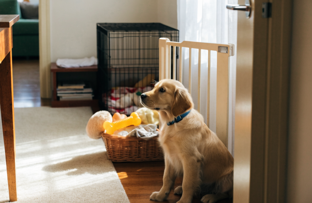 Golden retriever puppy in a puppy-proofed room with a gate and crate