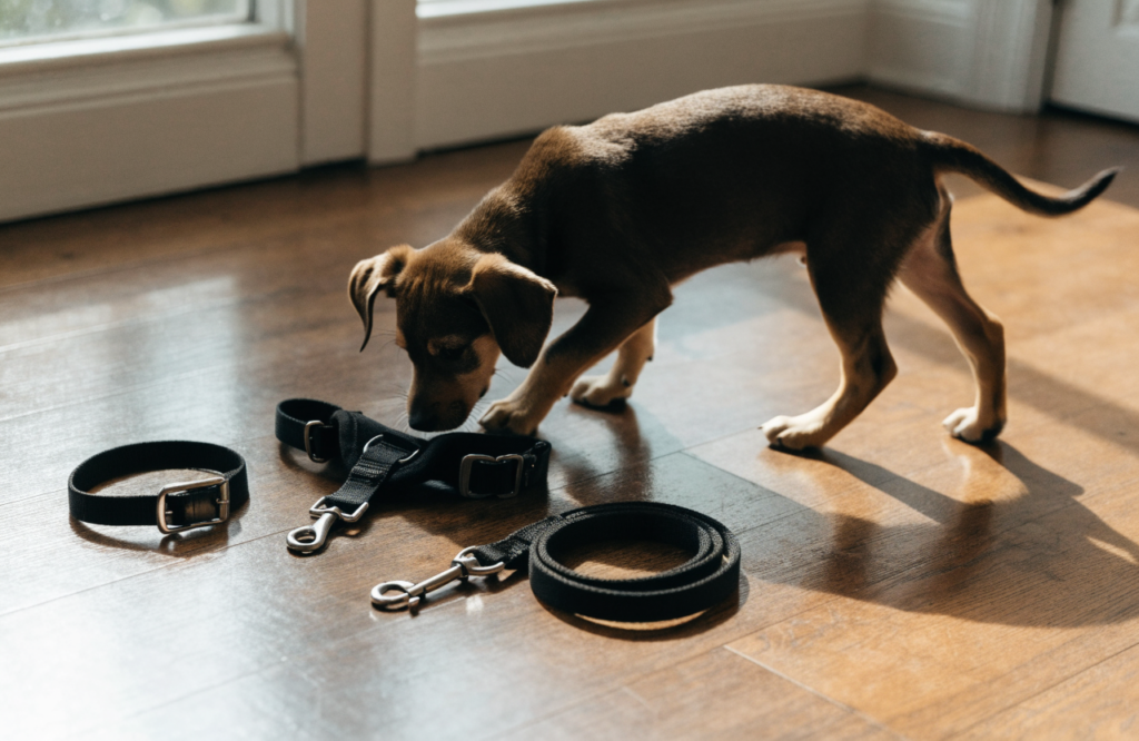 Puppy sniffing a collar, harness and leash on the floor
