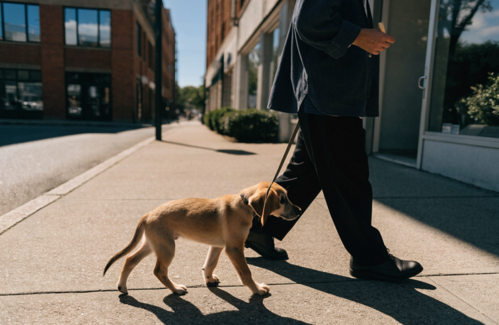 Puppy walking on a loose leash beside its owner