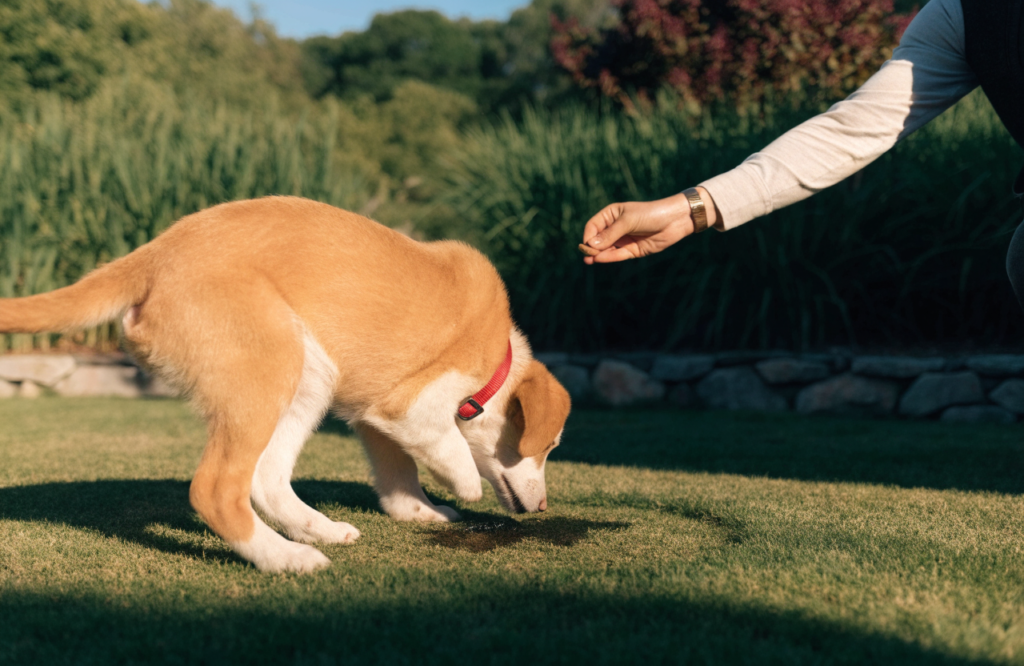 Puppy using its backyard potty spot as a treat waits