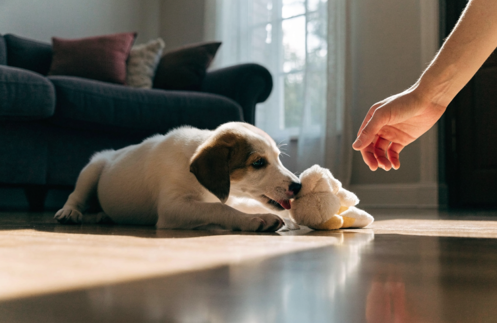 Puppy mouthing a soft toy instead of a hand