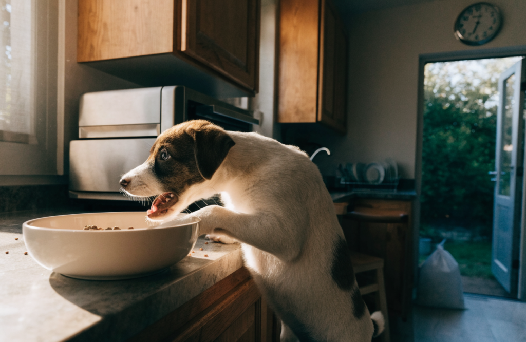 Puppy eating breakfast in the kitchen near the back door