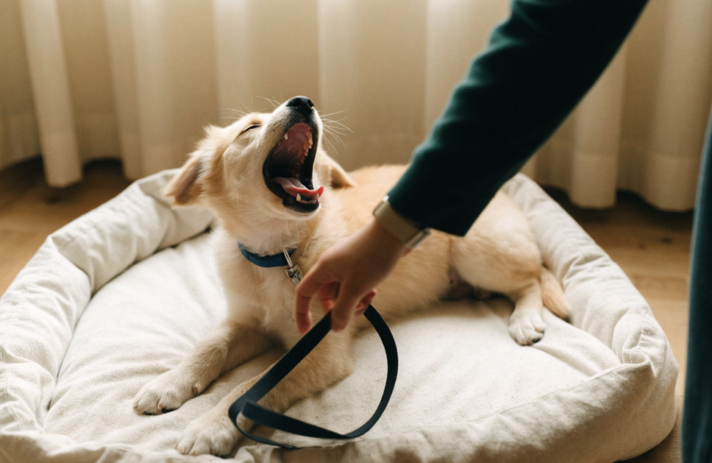 Puppy waking from a nap as the leash is picked up