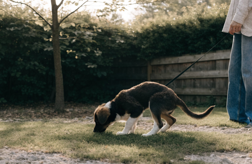 Puppy sniffing the backyard potty spot on a leash