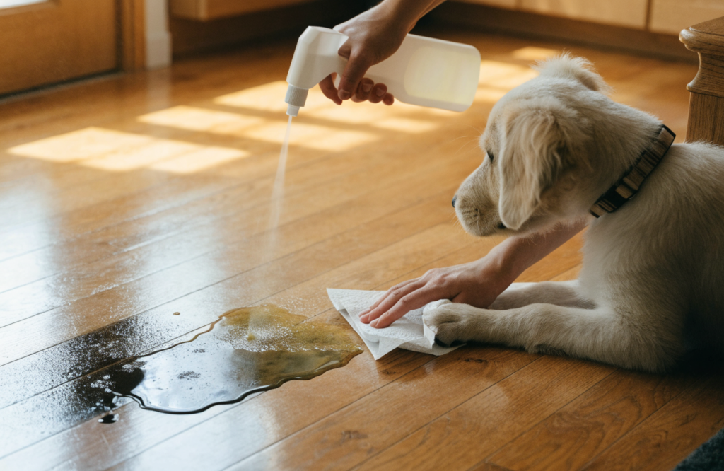 Cleaning a puppy accident with enzyme spray and paper towels