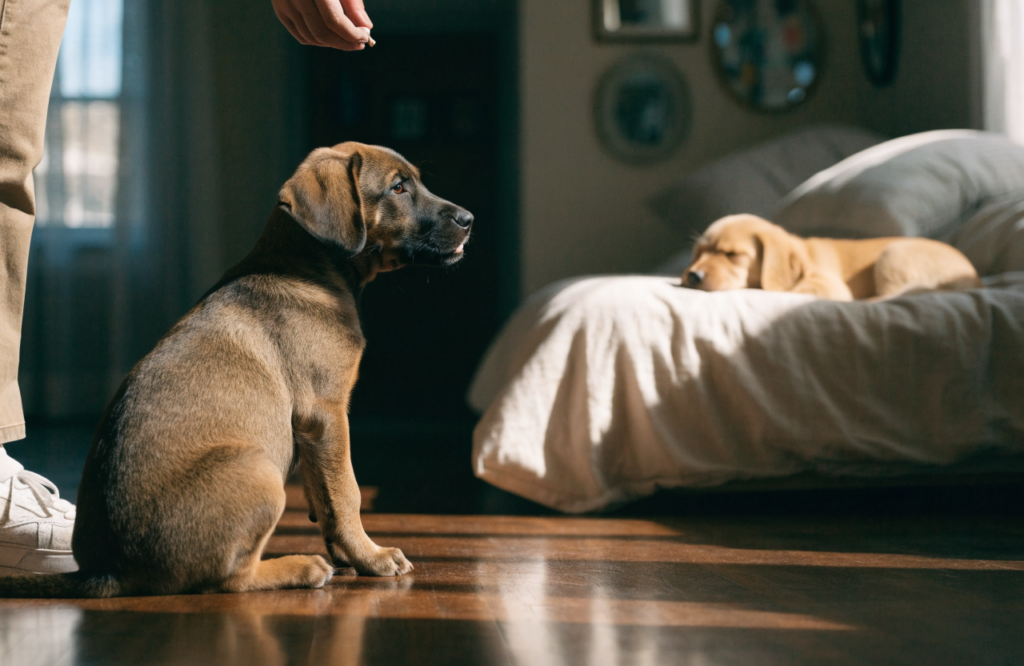 Older puppy sitting for a treat while a young puppy naps