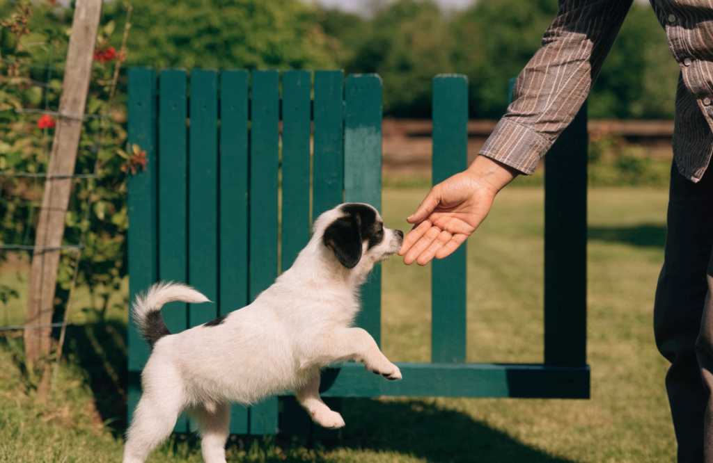 Puppy meeting a neighbor at a garden gate