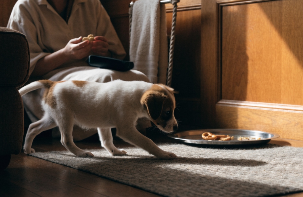 Puppy exploring new surfaces at home with treats nearby