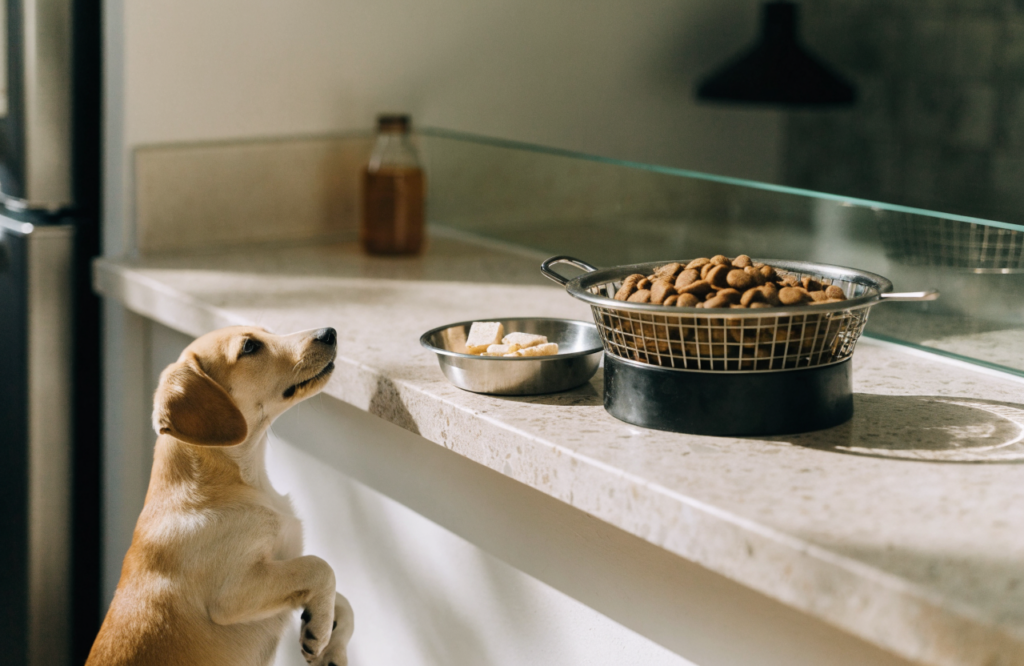 Puppy kibble bowl with a small portion of training treats set aside