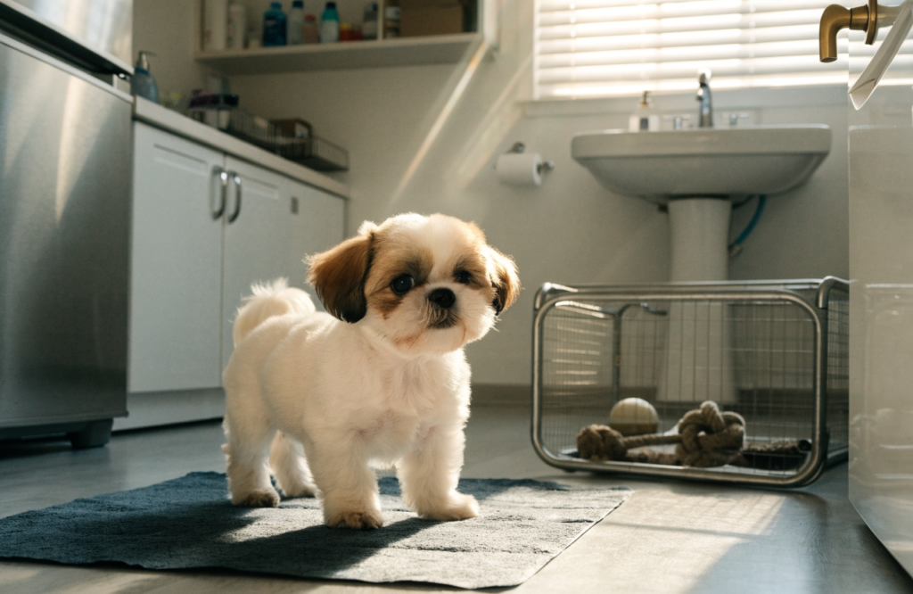 Shih Tzu puppy on a potty mat beside a small playpen